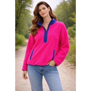 J.Crew Sweater Women's Large Fleece Pullover Hot Pink‎ & Blue Trim